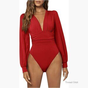 Long Sleeve Ribbed Bodysuit Deep V Neck Fitted Stretch Top